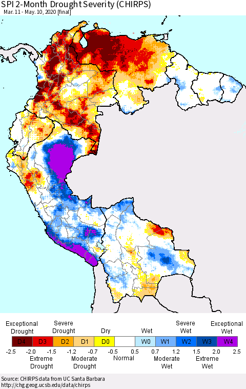 Northern South America SPI 2-Month Drought Severity (CHIRPS) Thematic Map For 3/11/2020 - 5/10/2020