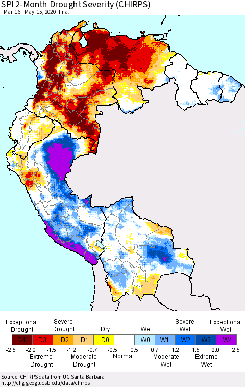 Northern South America SPI 2-Month Drought Severity (CHIRPS) Thematic Map For 3/16/2020 - 5/15/2020