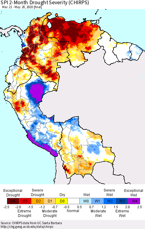 Northern South America SPI 2-Month Drought Severity (CHIRPS) Thematic Map For 3/21/2020 - 5/20/2020