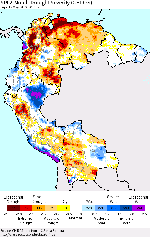 Northern South America SPI 2-Month Drought Severity (CHIRPS) Thematic Map For 4/1/2020 - 5/31/2020