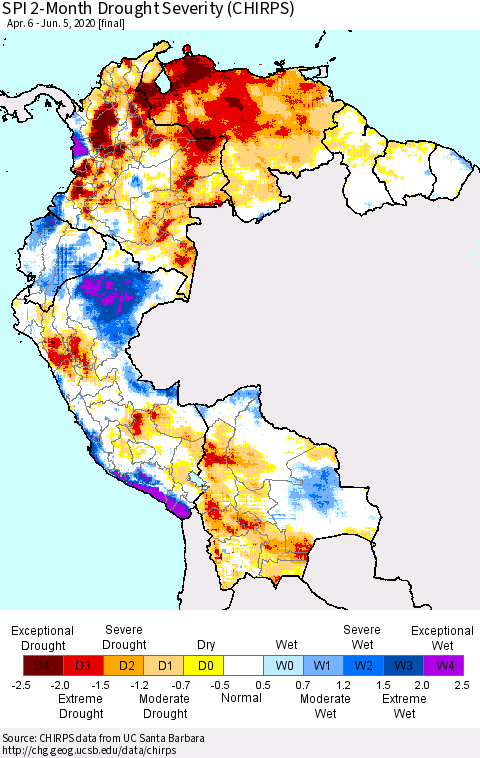 Northern South America SPI 2-Month Drought Severity (CHIRPS) Thematic Map For 4/6/2020 - 6/5/2020