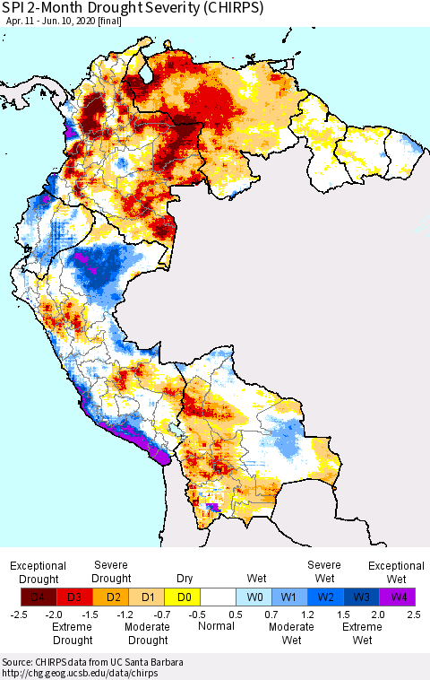 Northern South America SPI 2-Month Drought Severity (CHIRPS) Thematic Map For 4/11/2020 - 6/10/2020