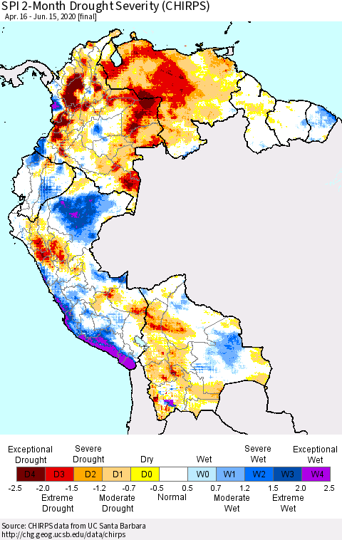 Northern South America SPI 2-Month Drought Severity (CHIRPS) Thematic Map For 4/16/2020 - 6/15/2020