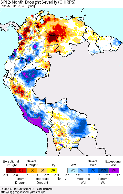 Northern South America SPI 2-Month Drought Severity (CHIRPS) Thematic Map For 4/26/2020 - 6/25/2020