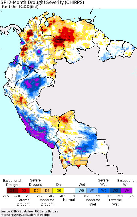 Northern South America SPI 2-Month Drought Severity (CHIRPS) Thematic Map For 5/1/2020 - 6/30/2020