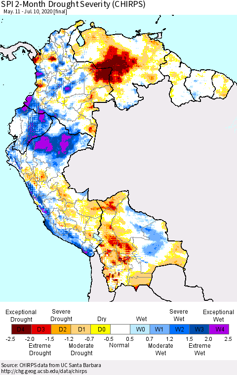 Northern South America SPI 2-Month Drought Severity (CHIRPS) Thematic Map For 5/11/2020 - 7/10/2020