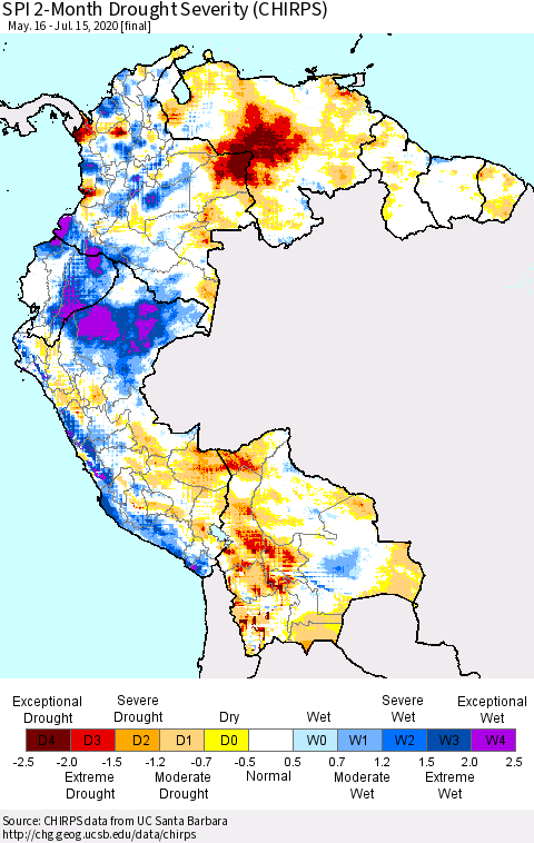 Northern South America SPI 2-Month Drought Severity (CHIRPS) Thematic Map For 5/16/2020 - 7/15/2020