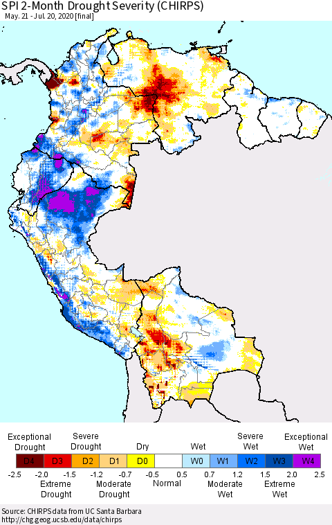 Northern South America SPI 2-Month Drought Severity (CHIRPS) Thematic Map For 5/21/2020 - 7/20/2020