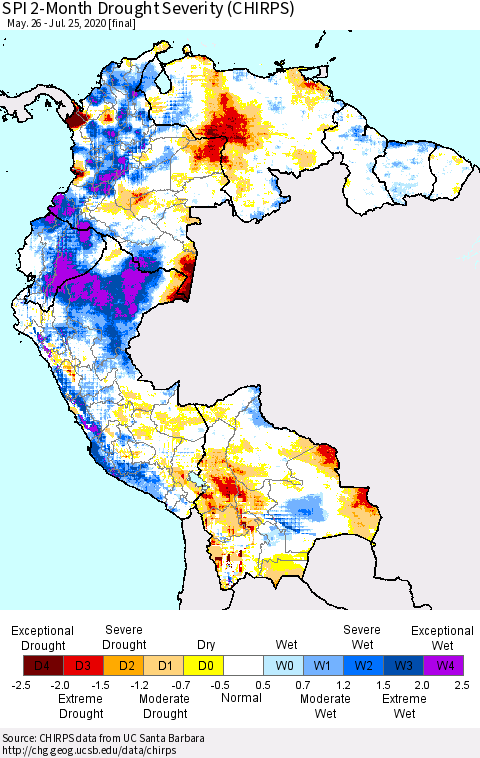 Northern South America SPI 2-Month Drought Severity (CHIRPS) Thematic Map For 5/26/2020 - 7/25/2020
