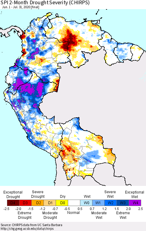 Northern South America SPI 2-Month Drought Severity (CHIRPS) Thematic Map For 6/1/2020 - 7/31/2020