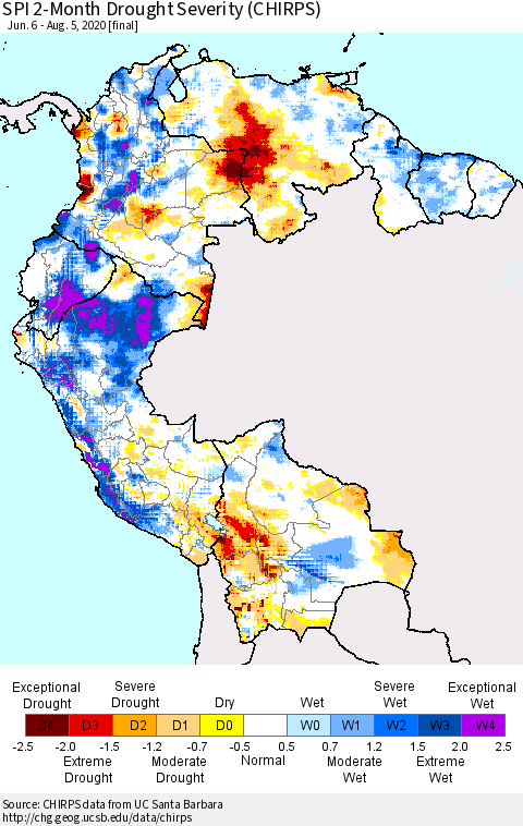 Northern South America SPI 2-Month Drought Severity (CHIRPS) Thematic Map For 6/6/2020 - 8/5/2020