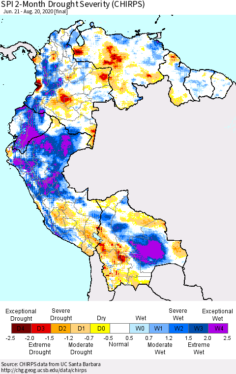 Northern South America SPI 2-Month Drought Severity (CHIRPS) Thematic Map For 6/21/2020 - 8/20/2020