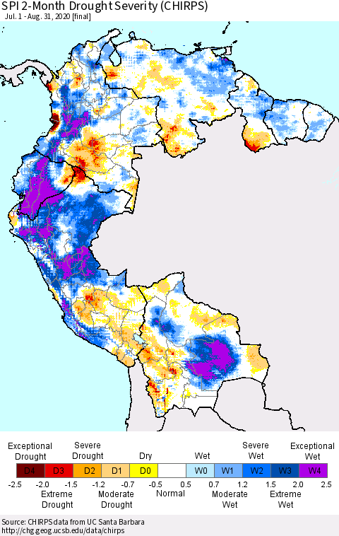Northern South America SPI 2-Month Drought Severity (CHIRPS) Thematic Map For 7/1/2020 - 8/31/2020