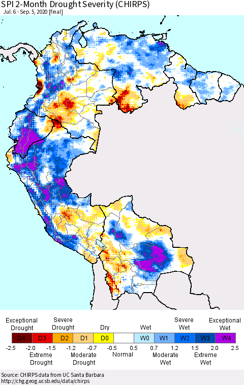 Northern South America SPI 2-Month Drought Severity (CHIRPS) Thematic Map For 7/6/2020 - 9/5/2020