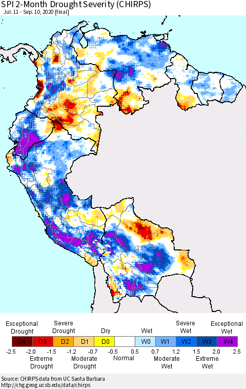 Northern South America SPI 2-Month Drought Severity (CHIRPS) Thematic Map For 7/11/2020 - 9/10/2020
