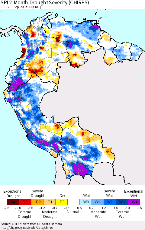 Northern South America SPI 2-Month Drought Severity (CHIRPS) Thematic Map For 7/21/2020 - 9/20/2020