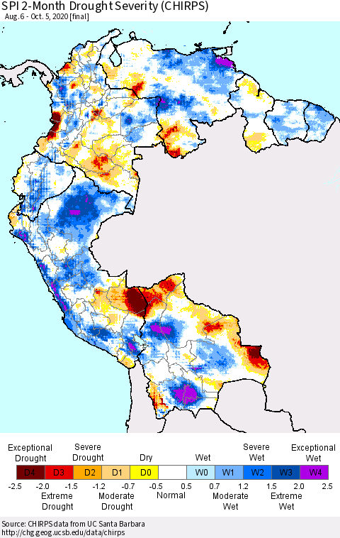 Northern South America SPI 2-Month Drought Severity (CHIRPS) Thematic Map For 8/6/2020 - 10/5/2020