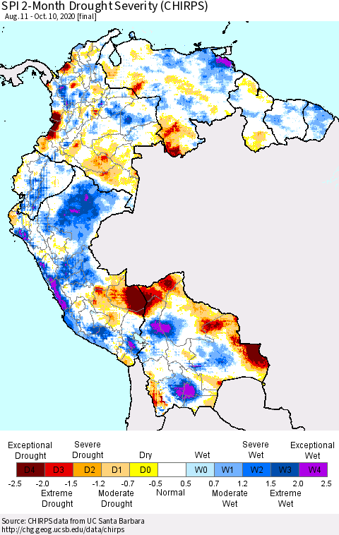 Northern South America SPI 2-Month Drought Severity (CHIRPS) Thematic Map For 8/11/2020 - 10/10/2020