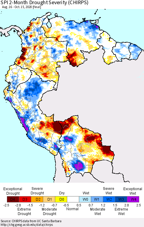 Northern South America SPI 2-Month Drought Severity (CHIRPS) Thematic Map For 8/16/2020 - 10/15/2020