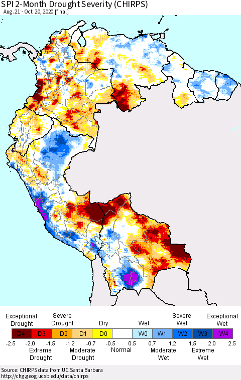 Northern South America SPI 2-Month Drought Severity (CHIRPS) Thematic Map For 8/21/2020 - 10/20/2020