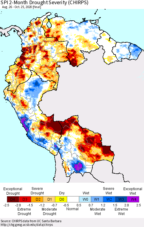 Northern South America SPI 2-Month Drought Severity (CHIRPS) Thematic Map For 8/26/2020 - 10/25/2020