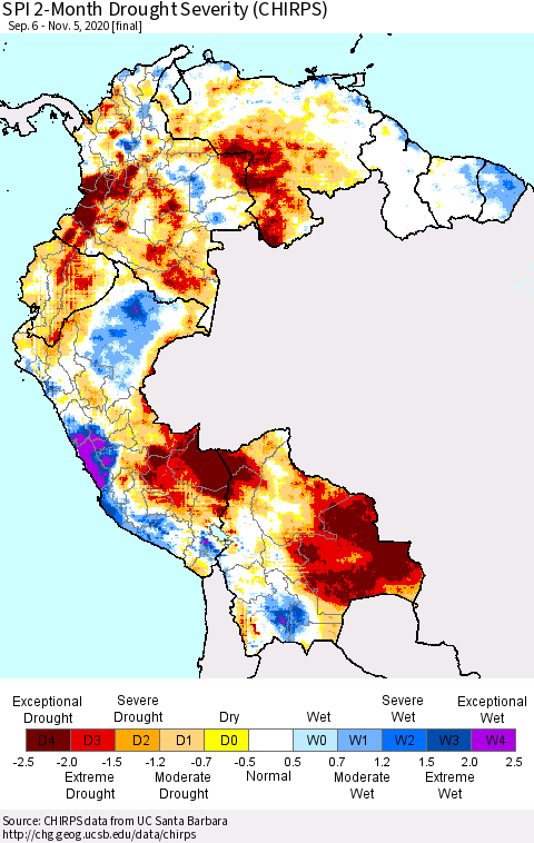 Northern South America SPI 2-Month Drought Severity (CHIRPS) Thematic Map For 9/6/2020 - 11/5/2020