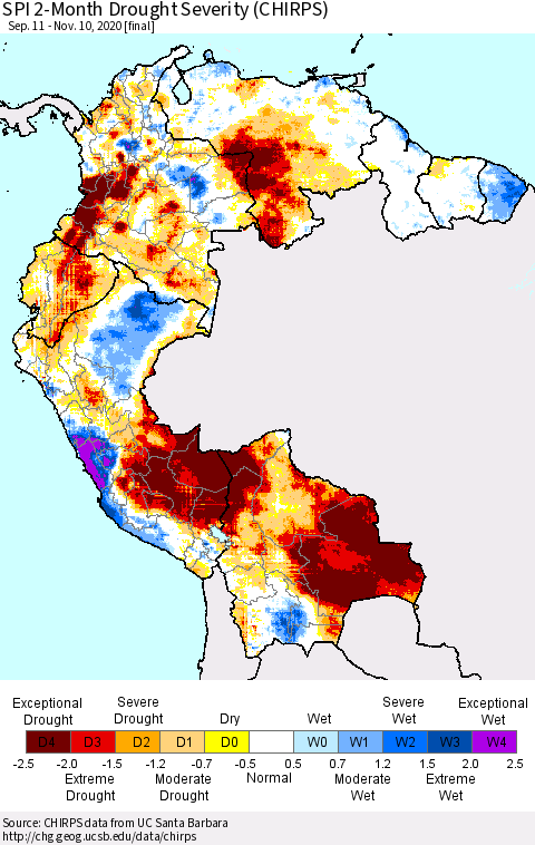 Northern South America SPI 2-Month Drought Severity (CHIRPS) Thematic Map For 9/11/2020 - 11/10/2020
