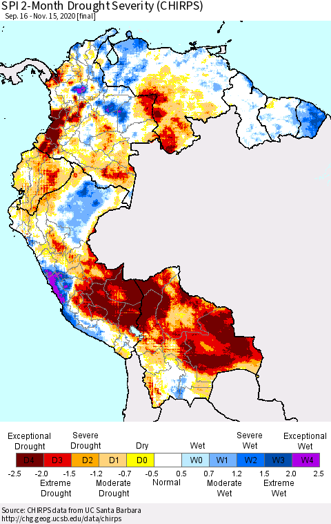 Northern South America SPI 2-Month Drought Severity (CHIRPS) Thematic Map For 9/16/2020 - 11/15/2020