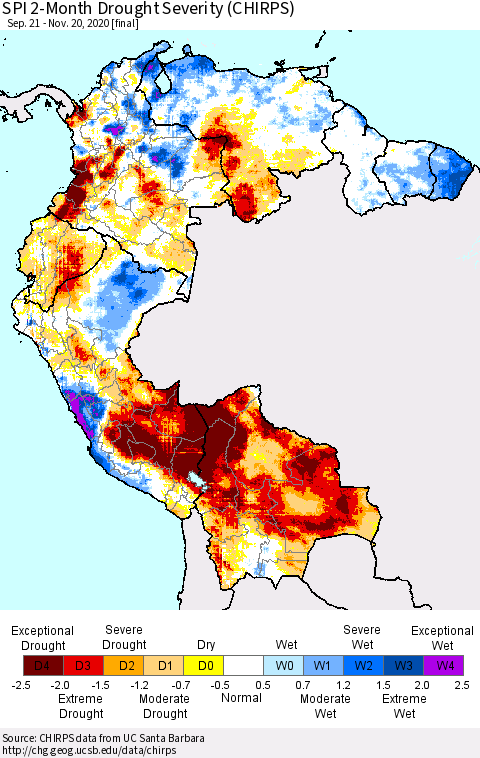 Northern South America SPI 2-Month Drought Severity (CHIRPS) Thematic Map For 9/21/2020 - 11/20/2020