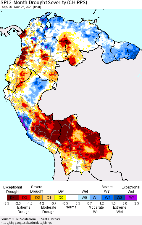 Northern South America SPI 2-Month Drought Severity (CHIRPS) Thematic Map For 9/26/2020 - 11/25/2020