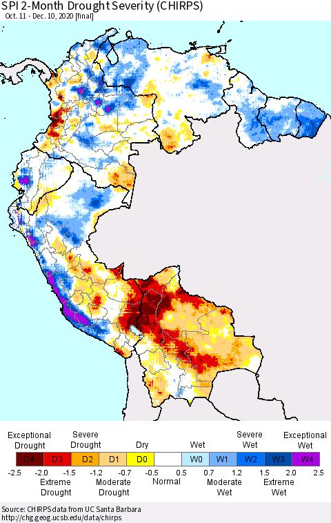 Northern South America SPI 2-Month Drought Severity (CHIRPS) Thematic Map For 10/11/2020 - 12/10/2020