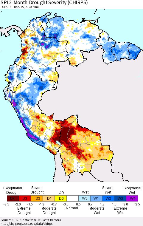 Northern South America SPI 2-Month Drought Severity (CHIRPS) Thematic Map For 10/16/2020 - 12/15/2020