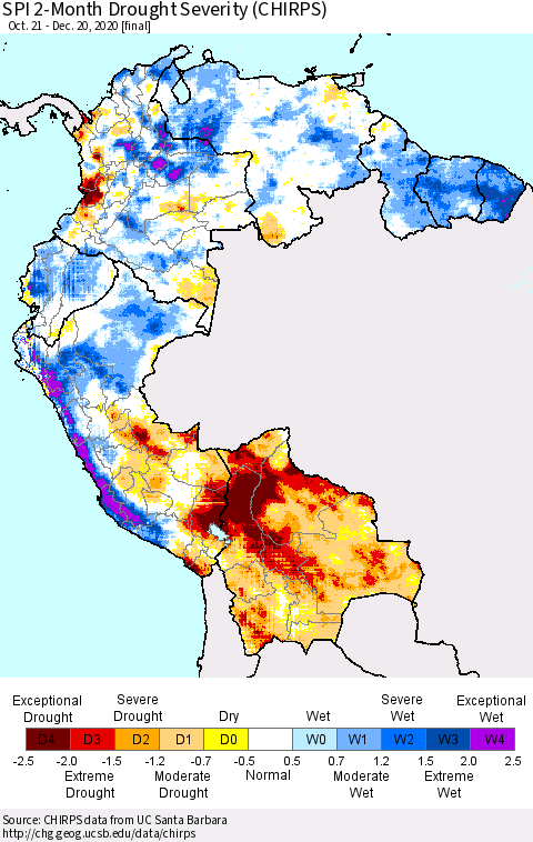 Northern South America SPI 2-Month Drought Severity (CHIRPS) Thematic Map For 10/21/2020 - 12/20/2020