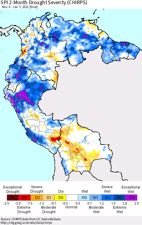 Northern South America SPI 2-Month Drought Severity (CHIRPS) Thematic Map For 11/6/2020 - 1/5/2021