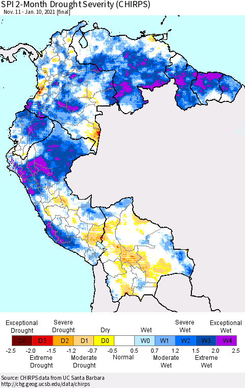 Northern South America SPI 2-Month Drought Severity (CHIRPS) Thematic Map For 11/11/2020 - 1/10/2021
