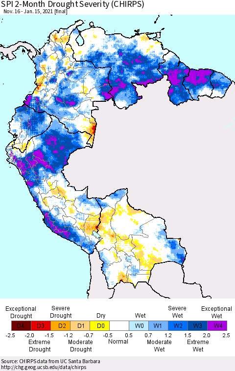 Northern South America SPI 2-Month Drought Severity (CHIRPS) Thematic Map For 11/16/2020 - 1/15/2021
