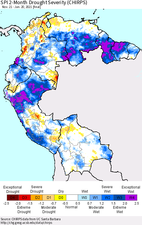Northern South America SPI 2-Month Drought Severity (CHIRPS) Thematic Map For 11/21/2020 - 1/20/2021