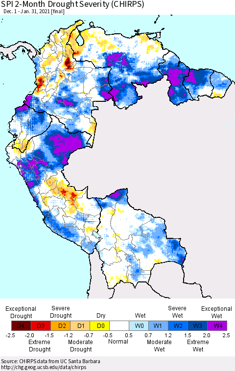 Northern South America SPI 2-Month Drought Severity (CHIRPS) Thematic Map For 12/1/2020 - 1/31/2021