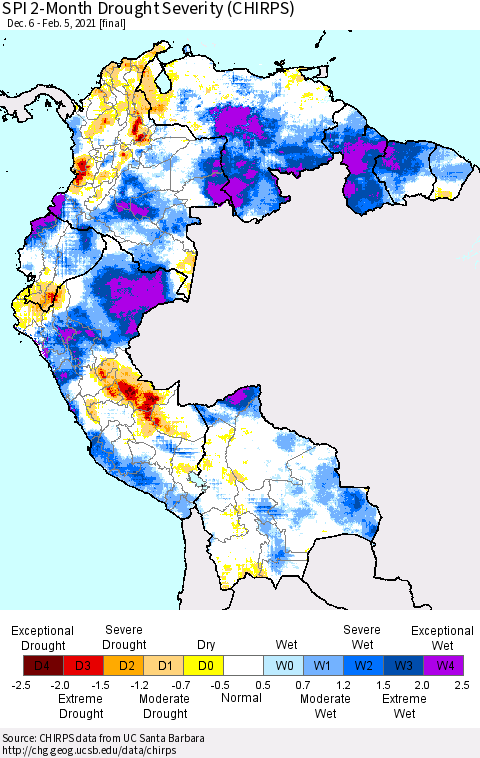 Northern South America SPI 2-Month Drought Severity (CHIRPS) Thematic Map For 12/6/2020 - 2/5/2021