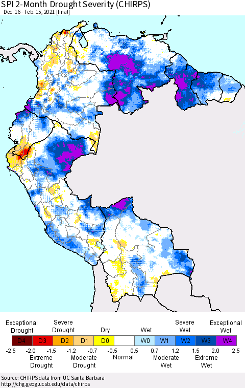 Northern South America SPI 2-Month Drought Severity (CHIRPS) Thematic Map For 12/16/2020 - 2/15/2021