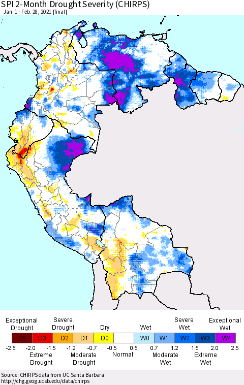 Northern South America SPI 2-Month Drought Severity (CHIRPS) Thematic Map For 1/1/2021 - 2/28/2021