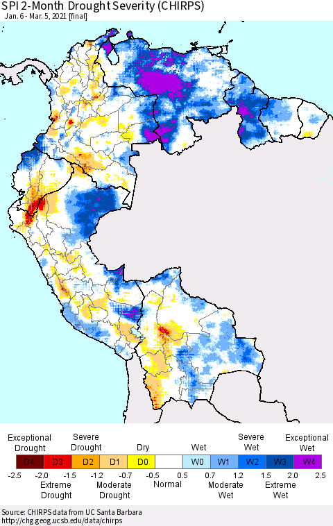 Northern South America SPI 2-Month Drought Severity (CHIRPS) Thematic Map For 1/6/2021 - 3/5/2021