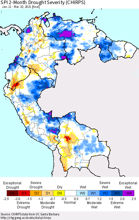 Northern South America SPI 2-Month Drought Severity (CHIRPS) Thematic Map For 1/11/2021 - 3/10/2021