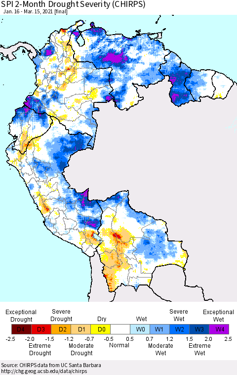 Northern South America SPI 2-Month Drought Severity (CHIRPS) Thematic Map For 1/16/2021 - 3/15/2021