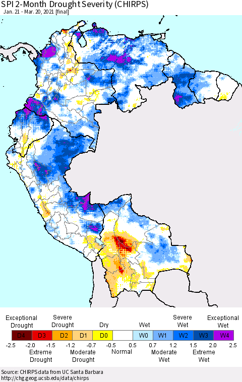 Northern South America SPI 2-Month Drought Severity (CHIRPS) Thematic Map For 1/21/2021 - 3/20/2021