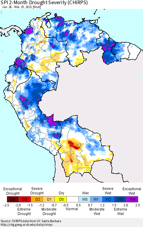 Northern South America SPI 2-Month Drought Severity (CHIRPS) Thematic Map For 1/26/2021 - 3/25/2021