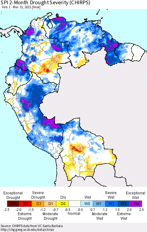 Northern South America SPI 2-Month Drought Severity (CHIRPS) Thematic Map For 2/1/2021 - 3/31/2021
