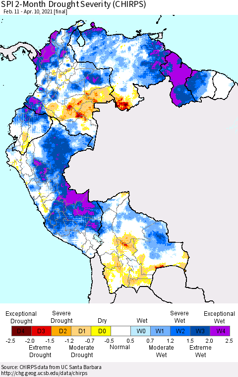 Northern South America SPI 2-Month Drought Severity (CHIRPS) Thematic Map For 2/11/2021 - 4/10/2021