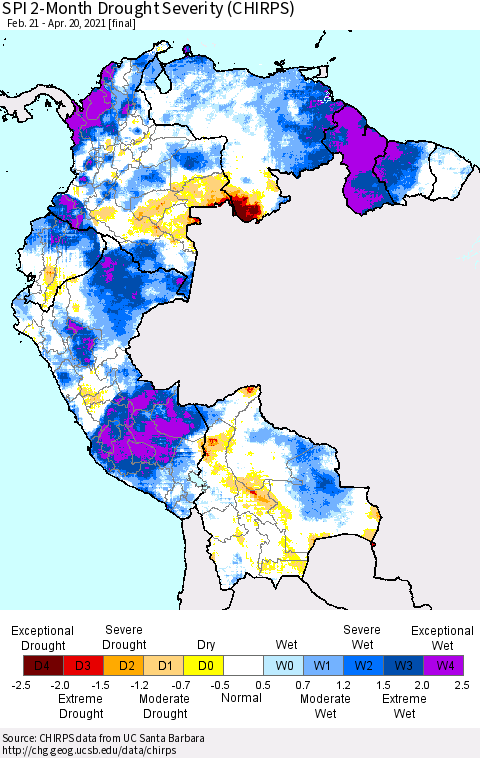 Northern South America SPI 2-Month Drought Severity (CHIRPS) Thematic Map For 2/21/2021 - 4/20/2021