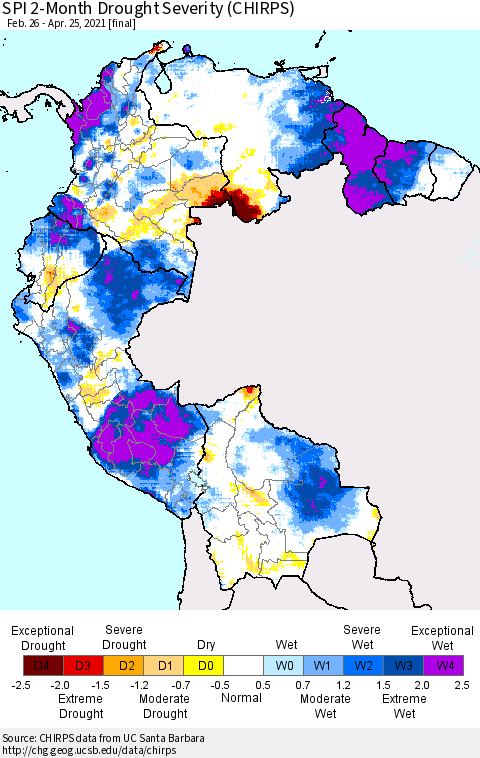 Northern South America SPI 2-Month Drought Severity (CHIRPS) Thematic Map For 2/26/2021 - 4/25/2021